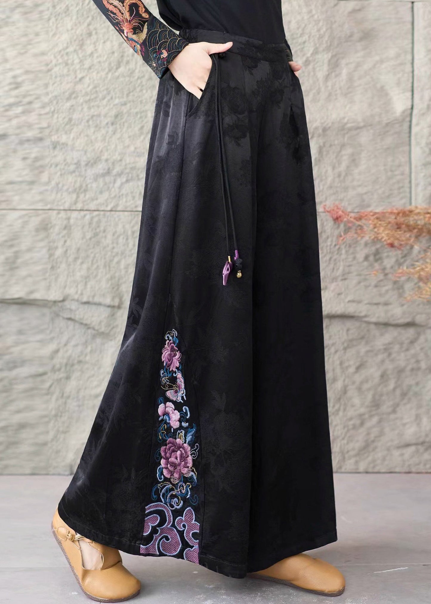 Retro Black Embroidered Patchwork Silk Wide Leg Pants Spring