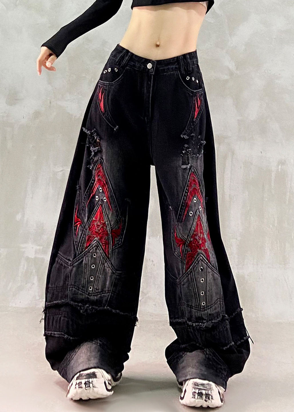 Retro Black Embroidered Patchwork Wide Leg Jeans Fall
