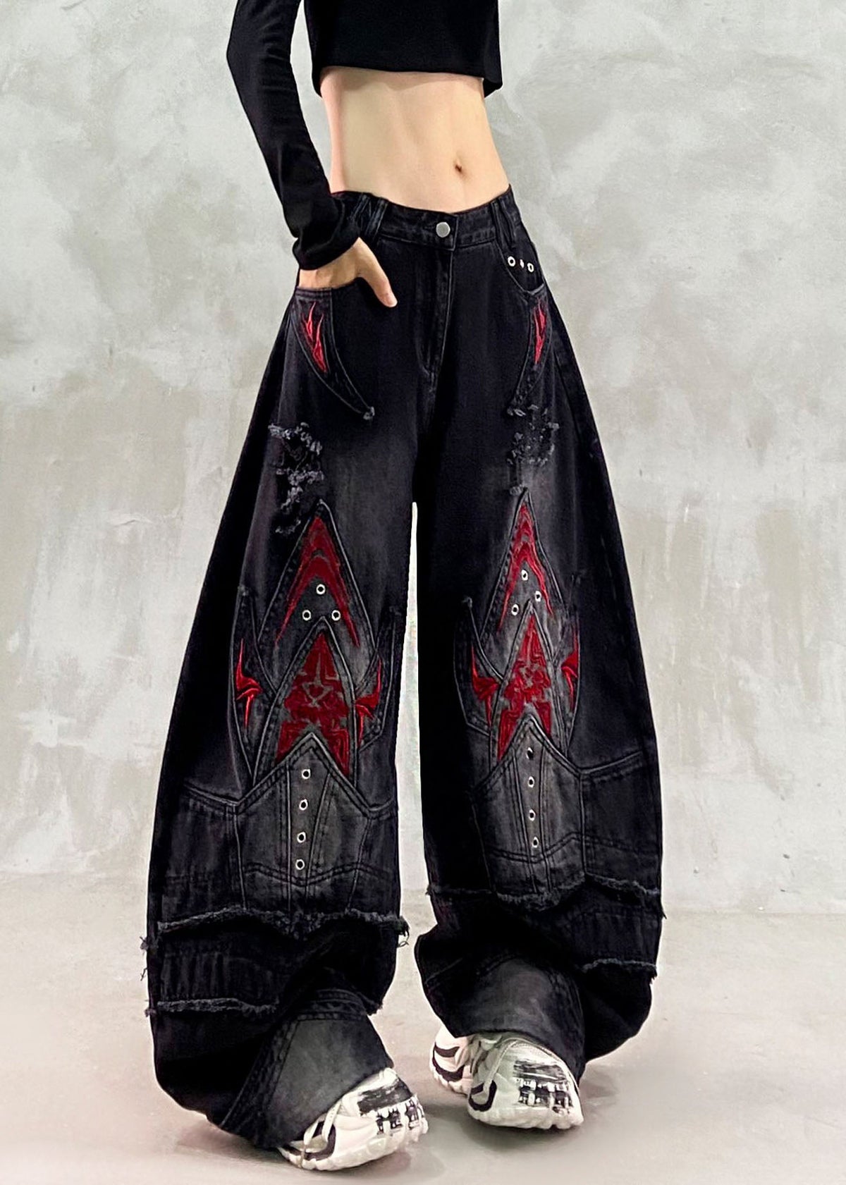 Retro Black Embroidered Patchwork Wide Leg Jeans Fall