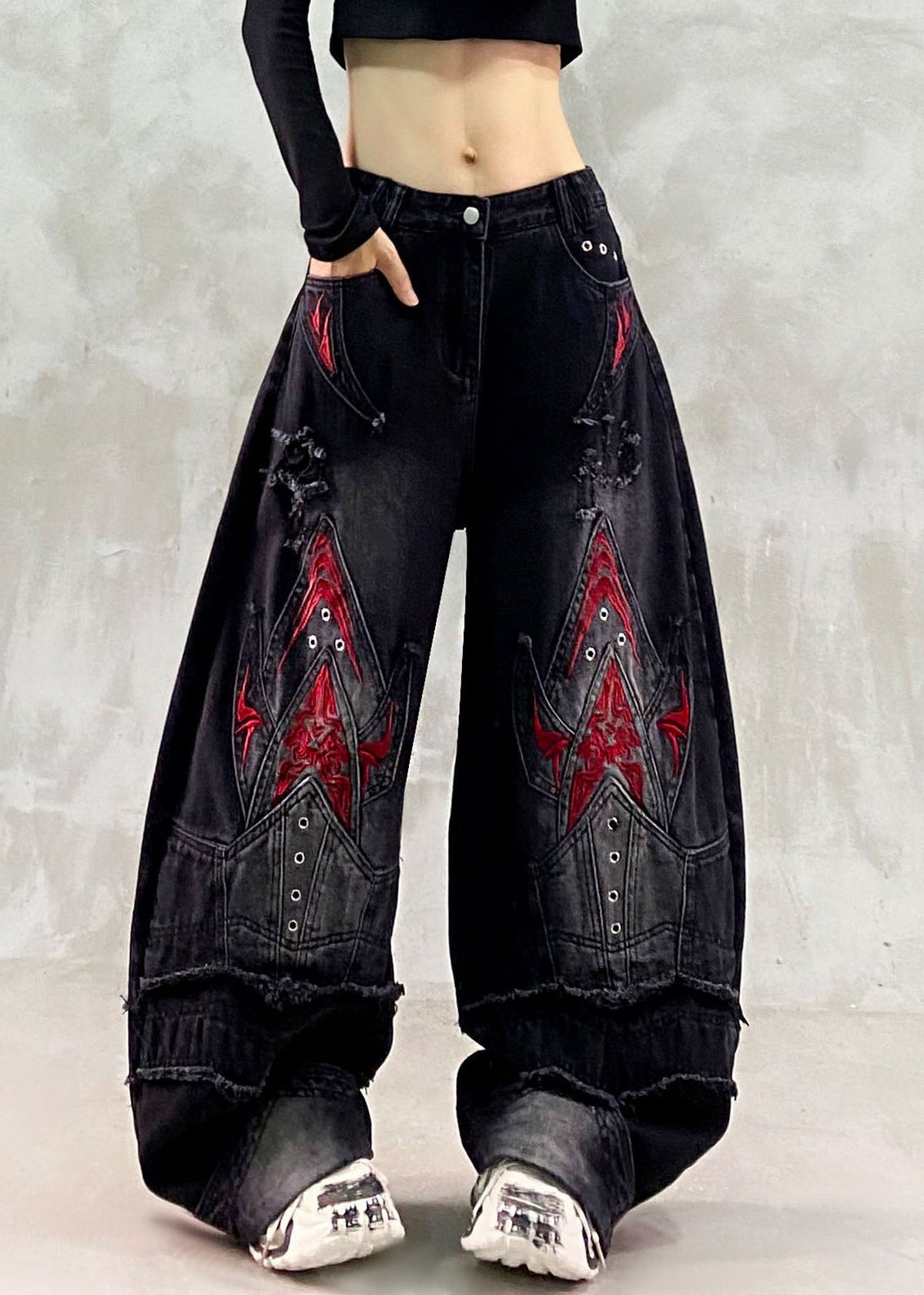 Retro Black Embroidered Patchwork Wide Leg Jeans Fall