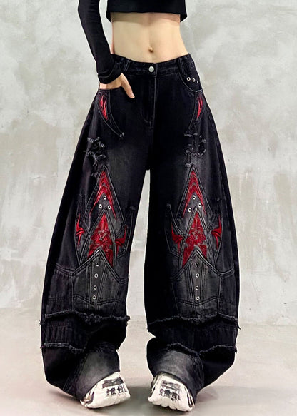 Retro Black Embroidered Patchwork Wide Leg Jeans Fall