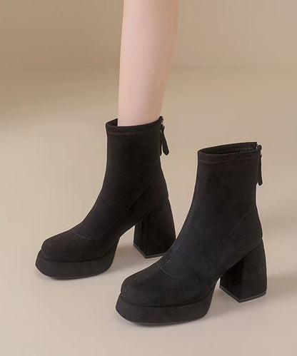 Retro Black Platform Back Zipper Chunky Suede Ankle Boots