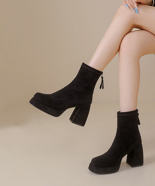 Retro Black Platform Back Zipper Chunky Suede Ankle Boots