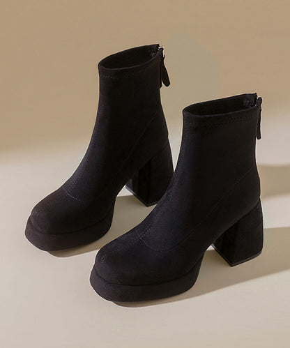 Retro Black Platform Back Zipper Chunky Suede Ankle Boots