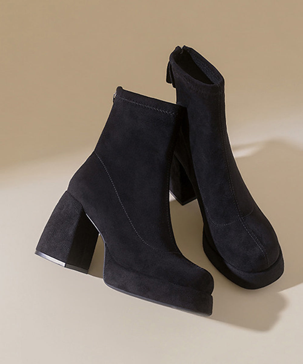 Retro Black Platform Back Zipper Chunky Suede Ankle Boots