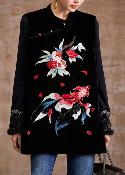 Retro Black Stand Collar Embroidered Waistcoat Sleeveless