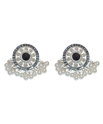 Retro Black Stelring Silver Zircon Hollow Out Pearl Tassel Stud Earrings