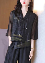 Load image into Gallery viewer, Retro Black V Neck Patchwork Chinese Button Silk Coats Bracelet Sleeve