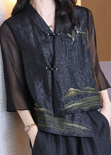 Load image into Gallery viewer, Retro Black V Neck Patchwork Chinese Button Silk Coats Bracelet Sleeve