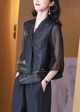 Load image into Gallery viewer, Retro Black V Neck Patchwork Chinese Button Silk Coats Bracelet Sleeve