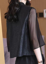 Load image into Gallery viewer, Retro Black V Neck Patchwork Chinese Button Silk Coats Bracelet Sleeve