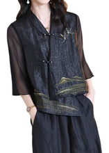 Load image into Gallery viewer, Retro Black V Neck Patchwork Chinese Button Silk Coats Bracelet Sleeve