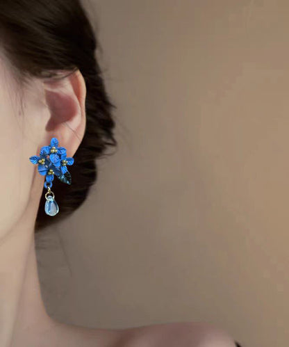 Retro Blue Alloy Acrylic Floral Crystal Water Droplet Drop Earrings