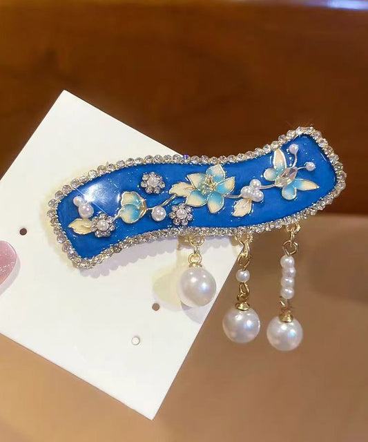 Retro Blue Alloy Floral Dripping Glaze Pearl Tassel Hairpin