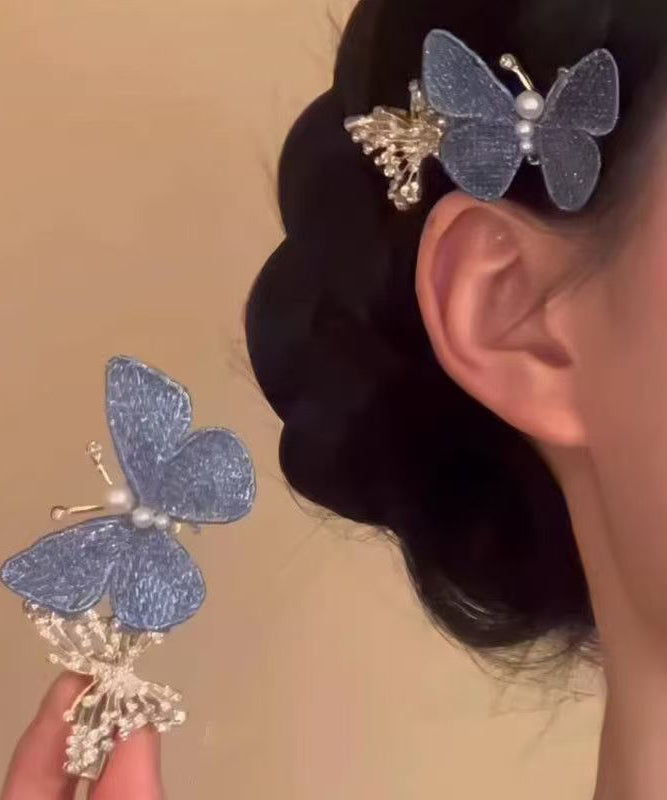 Retro Blue Alloy Zircon Butterfly Pearl A Pair Hairpin