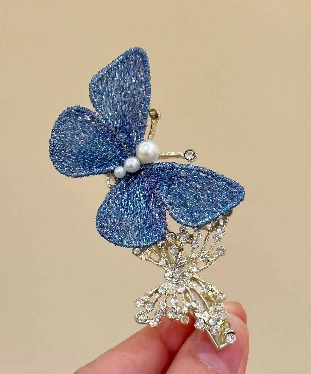 Retro Blue Alloy Zircon Butterfly Pearl A Pair Hairpin