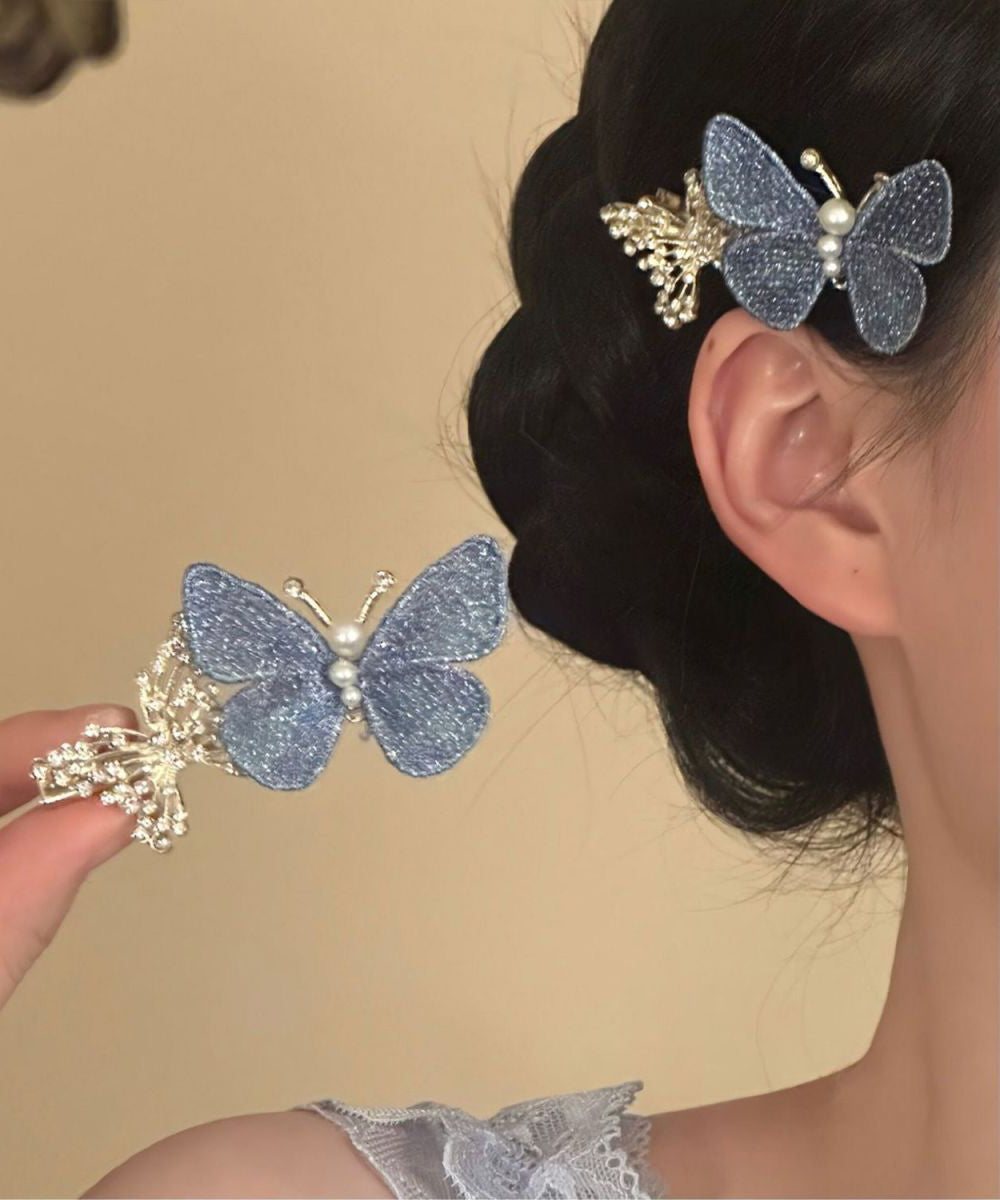 Retro Blue Alloy Zircon Butterfly Pearl A Pair Hairpin