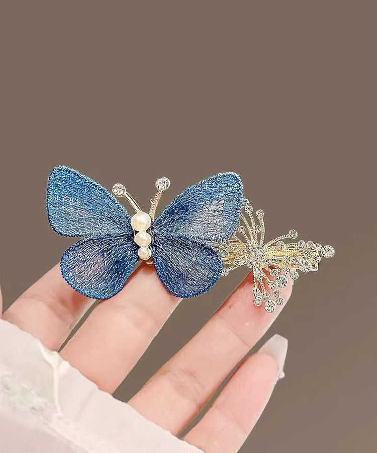 Retro Blue Alloy Zircon Butterfly Pearl A Pair Hairpin