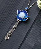 Retro Blue Ancient Gold Jade Lotus Flower Tassel Pendant Necklace