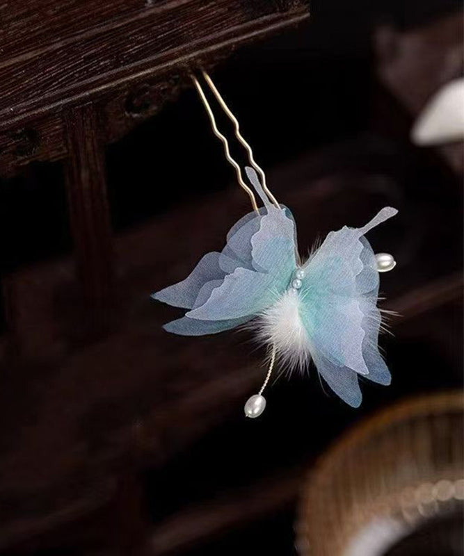 Retro Blue Copper Alloy Pearl Butterfly Fuzzy Ball A Pair Hairpin