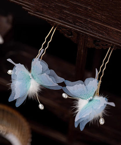 Retro Blue Copper Alloy Pearl Butterfly Fuzzy Ball A Pair Hairpin