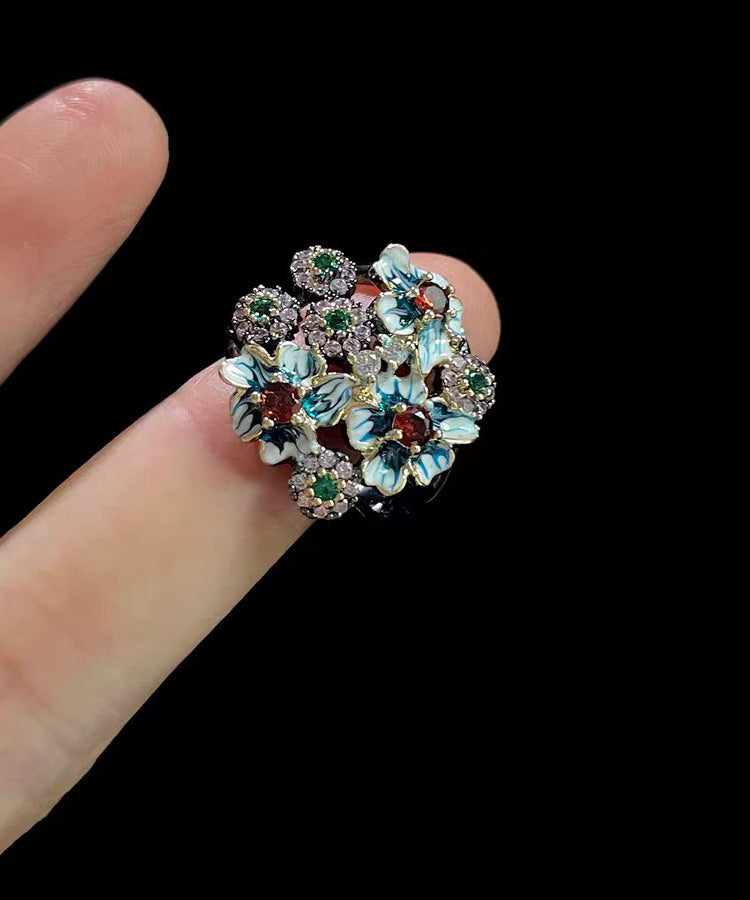 Retro Blue Floral Zircon Exaggeration Alloy Rings