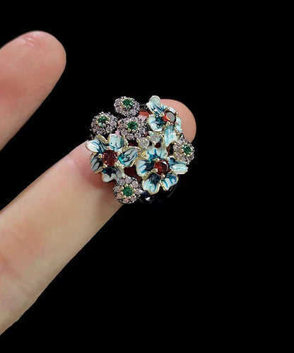 Retro Blue Floral Zircon Exaggeration Alloy Rings