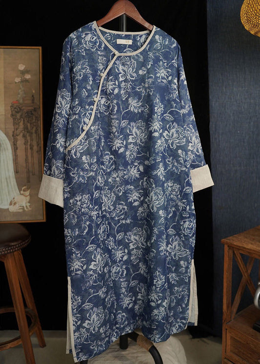 Retro Blue O-Neck Patchwork Side Open Long Parka Winter