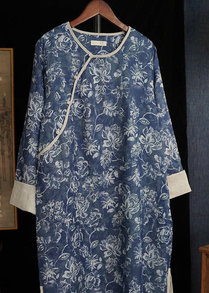 Retro Blue O-Neck Patchwork Side Open Long Parka Winter