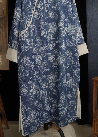 Retro Blue O-Neck Patchwork Side Open Long Parka Winter