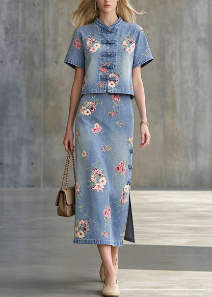 Retro Blue Stand Collar Print Chinese Button Denim Two Pieces Set Summer