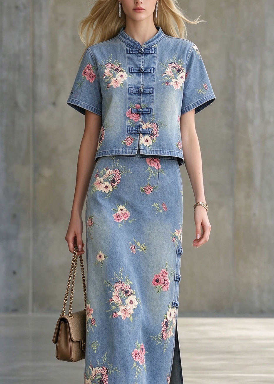 Retro Blue Stand Collar Print Chinese Button Denim Two Pieces Set Summer
