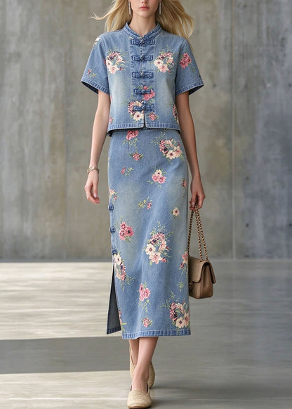 Retro Blue Stand Collar Print Chinese Button Denim Two Pieces Set Summer