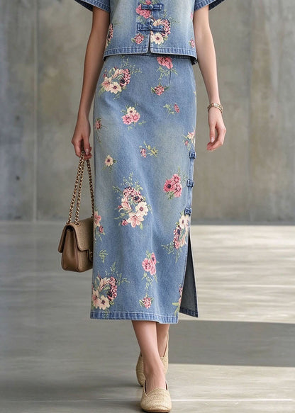 Retro Blue Stand Collar Print Chinese Button Denim Two Pieces Set Summer