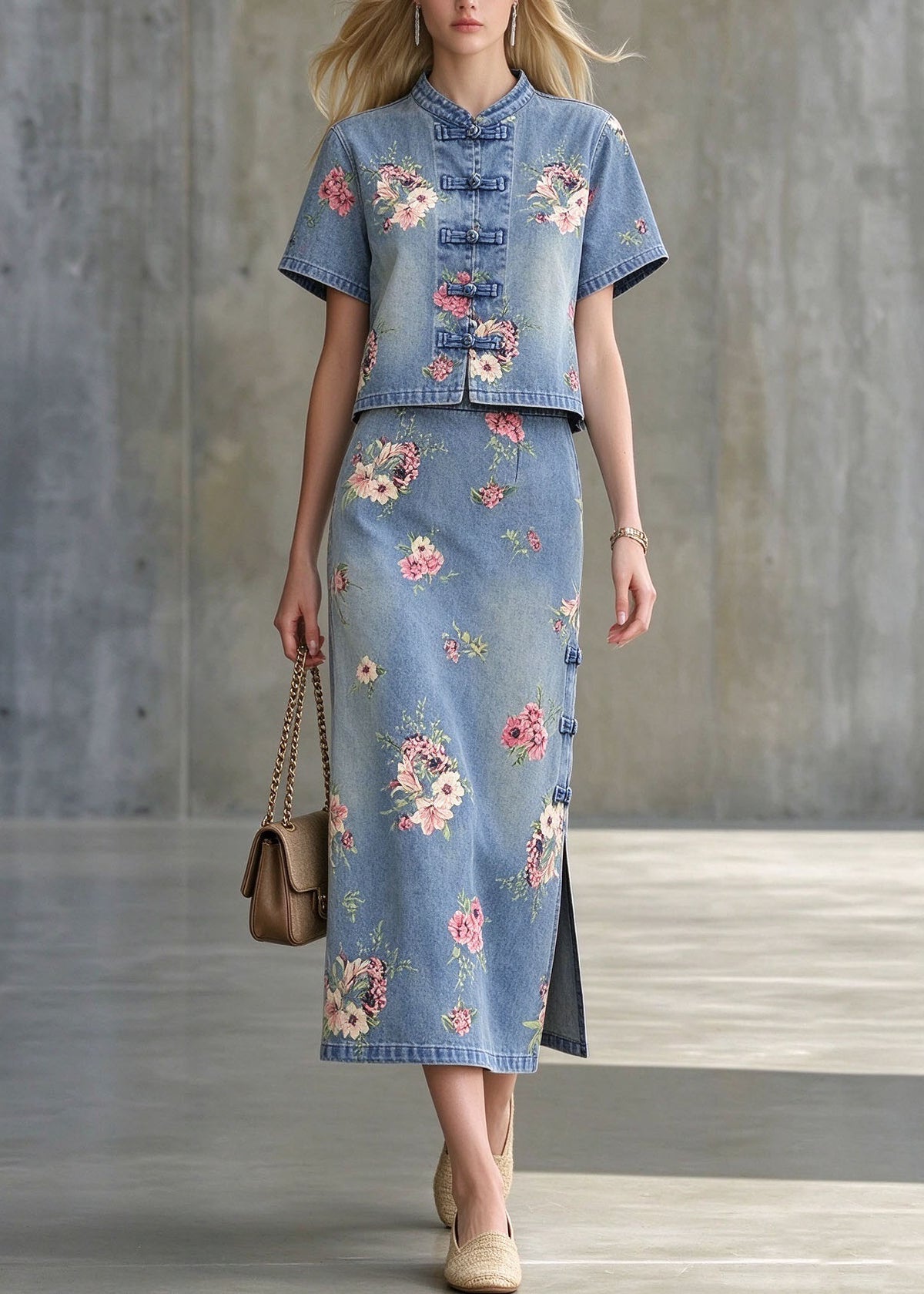 Retro Blue Stand Collar Print Chinese Button Denim Two Pieces Set Summer