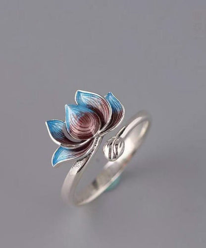 Retro Blue Sterling Silver Cloisonne Lotus Open Rings