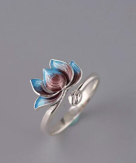 Retro Blue Sterling Silver Cloisonne Lotus Open Rings