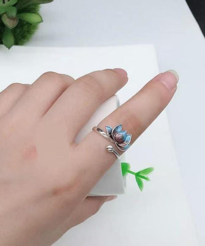 Retro Blue Sterling Silver Cloisonne Lotus Open Rings