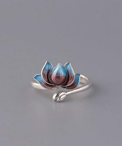 Retro Blue Sterling Silver Cloisonne Lotus Open Rings