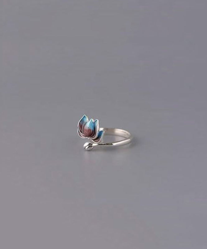 Retro Blue Sterling Silver Cloisonne Lotus Open Rings