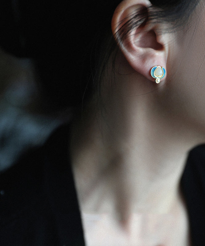 Retro Blue Sterling Silver Overgild Jade Pearl Stud Earrings
