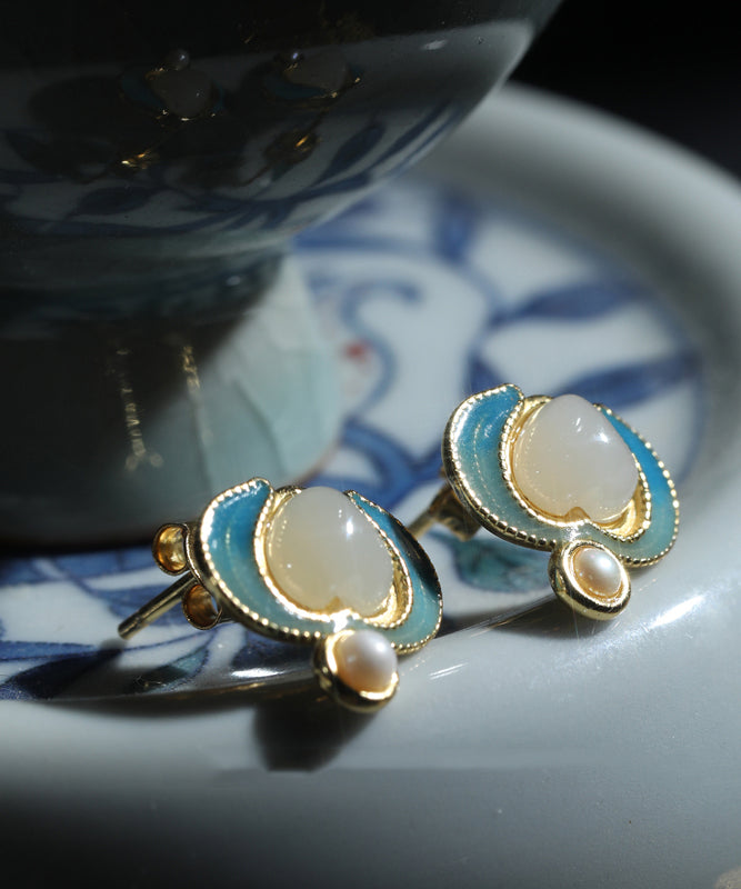 Retro Blue Sterling Silver Overgild Jade Pearl Stud Earrings