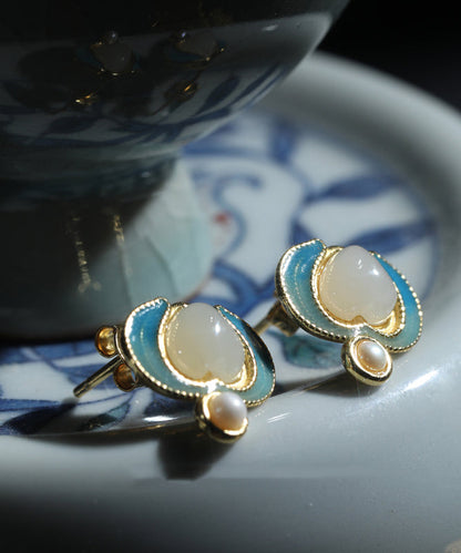Retro Blue Sterling Silver Overgild Jade Pearl Stud Earrings