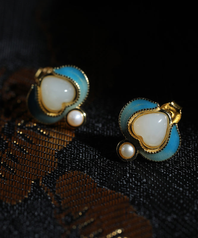 Retro Blue Sterling Silver Overgild Jade Pearl Stud Earrings