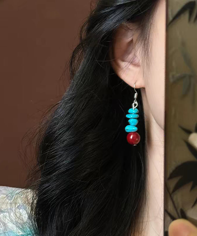 Retro Blue Sterling Silver Turquoise Tassel Drop Earrings