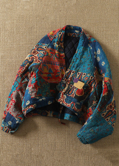 Retro Blue V Neck Pockets Print Parkas Batwin Sleeve