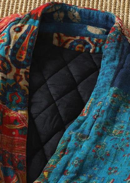 Retro Blue V Neck Pockets Print Parkas Batwin Sleeve