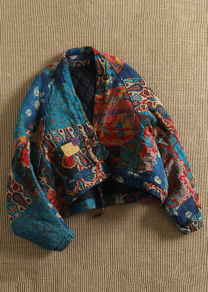 Retro Blue V Neck Pockets Print Parkas Batwin Sleeve