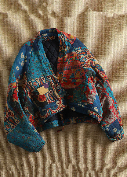Retro Blue V Neck Pockets Print Parkas Batwin Sleeve