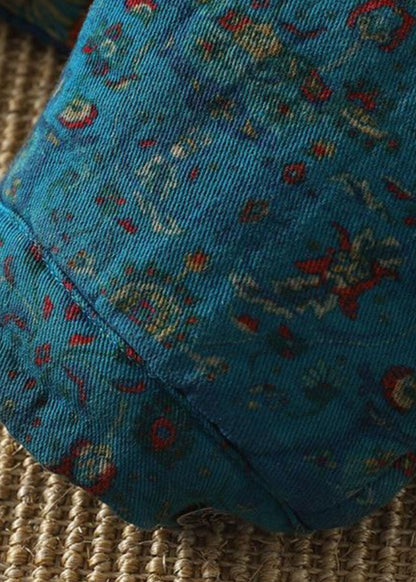 Retro Blue V Neck Pockets Print Parkas Batwin Sleeve